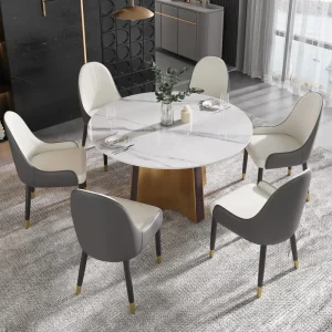 53-Inch Round Modern Sintered Stone Dining Table, Marble Kitchen Dinner Table with Gold Finish Metal Base for 4-6