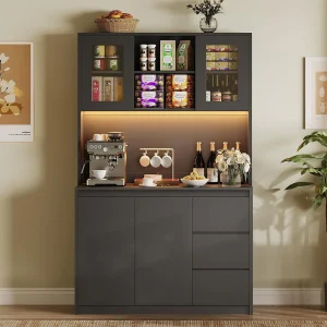 71" Tall Kitchen Pantry Cabinet, Kitchen Storage Hutch with Led Lights and Power Outlets