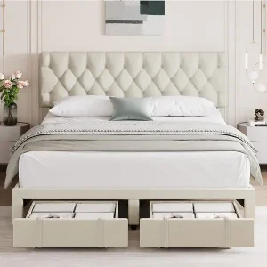 Bed Frame with 2 Storage Drawers - Beige - Queen