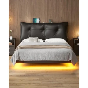 Floating Bed Frame Removable Thick Soft Headboard Charging Station Led Lights