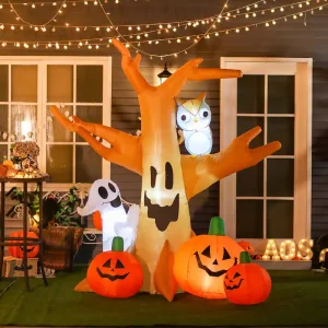 Outdoor Tree and Ghost Inflatable Halloween Decoration with Wise Owl and Jack-o'-Lanterns