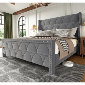 Hansabenne Solid Wood Bed Frame Queen and King Platform Bed Frame with Headboard Gray