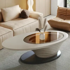 ight Luxury Modern Minimalist Oval Glass Tabletop Coffee Table Gray Base