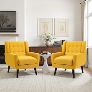 Modern Upholstered Faux Leather Tufted Armchair Linen Accent Chairs