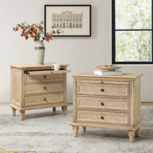 Muriel Farmhouse 3 Drawers Nightstand with Built-In Outlets Set of 2 by HULALA HOME