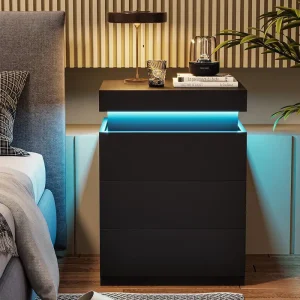 Bedroom Nightstand Charging Station LED Lights Sliding Top Drawers