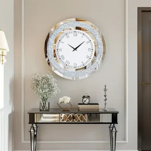 Round Mirror Clock Tinted Crushed Diamond Mirrored Wall Clock - 24"x1.8"x24"