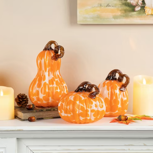 Glitzhome Orange Glass Pumpkin And Gourd 3-pc. Thanksgiving Tabletop Decor