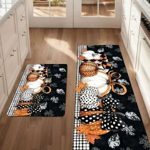 Anti-Slip Soft Easy Clean Autumn Harvest Design with Pumpkins Leaves Checkered Black Background for Bedroom Living Room Bathroom Entryway