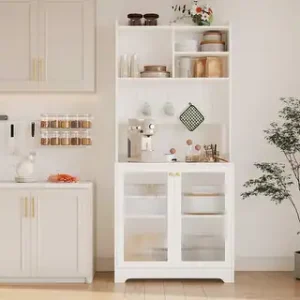 Tall Pantry Cabinet with Glass Doors, Freestanding Kitchen Storage Cabinet - White