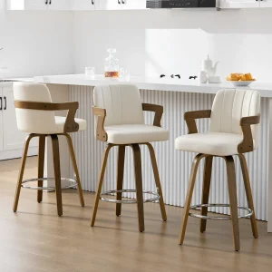 Upholstered Swivel Bar Stool with Arms and Bentwood Legs